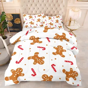Christmas gingerbread man print pattern, including 1 quilt and 1 or 2 pillowcases without pillow cores, Quilt Bedding Set, soft bedroom decorations for children and adults, suitable as birthday and moving holiday gifts