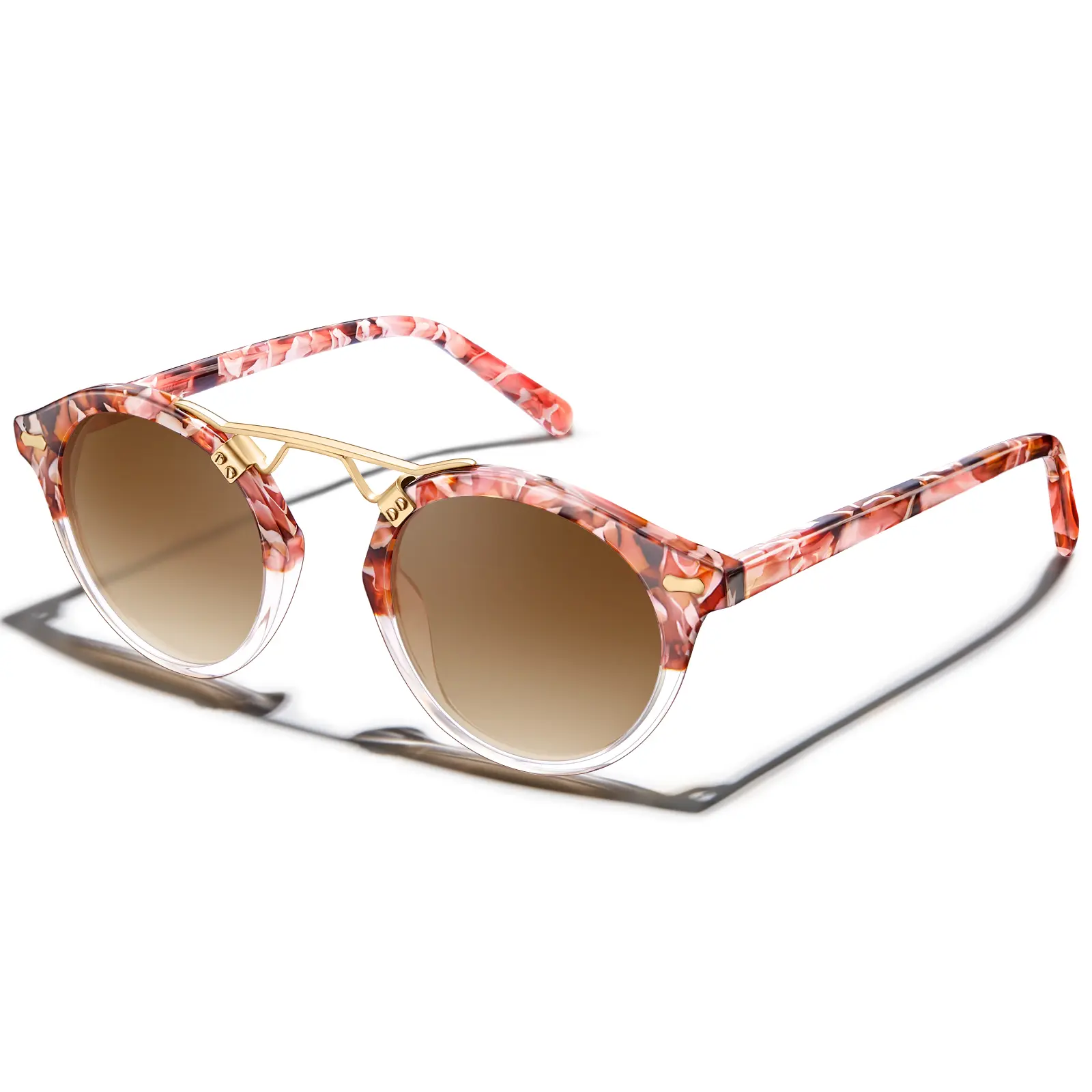 CARFIA Women's Small Acetate Polarized Fashionable Sunglasses - UV Protection, Retro Double Bridge Metal Brow Round Face Eyewear, Trendy Styling Stylish Shades, Tortoiseshell Sports Sunglasses for Summer, Trendy Styling Sunglasses