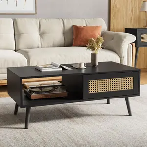 Garvee Rectangular Coffee Table With Storage, Boho Rattan Sliding Door Center Table With Open Shelf, 39.4" x 19.7" x 15.8" for Living Room, Apartment, Small Space