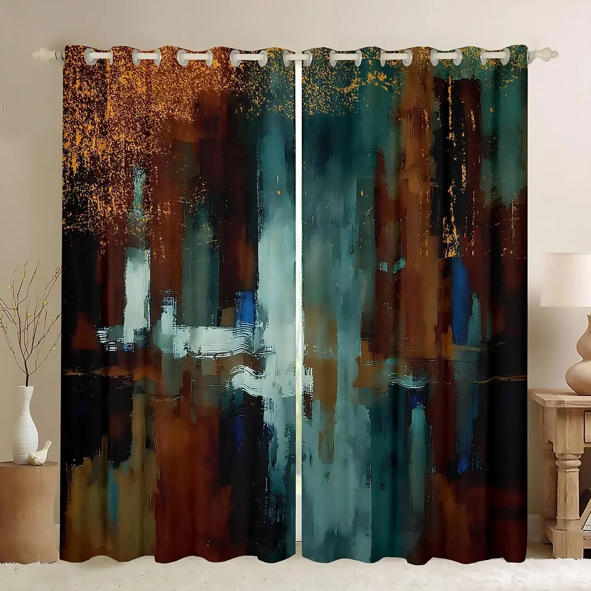 Teal Blue Orange Brown Curtains for Bedroom Living Room Abstract Rust Art Blackout Shades Geometric Modern Chic Room Darkening Curtain Farmhouse Window Treatments,2 Panels Decor