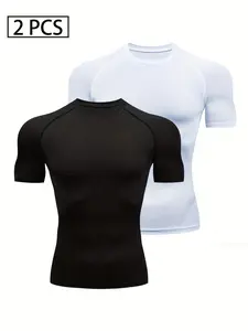 Men's Plain Round Neck Sports Tee, Quick Drying Breathable Short Sleeve Compression T-shirt, Crew Neck Raglan Sleeve Tops for Outdoor Activities