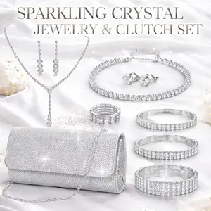 11 Pcs Silvery Clutch Purse & Crystal Jewelry Set – Rhinestone Accessories for Women, Shiny Evening Party, Bride Wedding – Complete Gift Set
