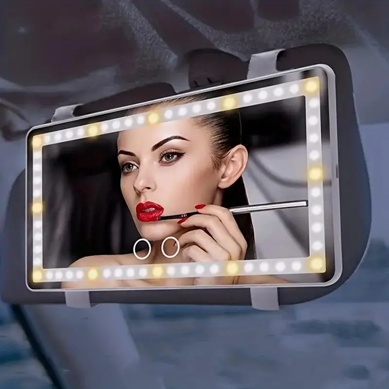 Car Sun Visor Vanity Mirror, USB Rechargeable Makeup Mirror with LED Light, Rear View Sun-shading Cosmetic Mirror with 3 Modes for Girls, Car Interior