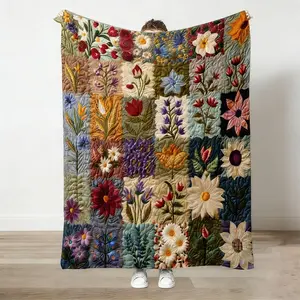 Colorful Floral Patchwork Blanket Ultra Soft Flannel Cozy Warm All Season Fresh Literary Natural Atmosphere Bedroom Couch Sofa Throw Decor Decorative Throw Perfect Birthday  Christmas  for Nature Lovers Women Girls Boho Cottagecore Style gift exquisite