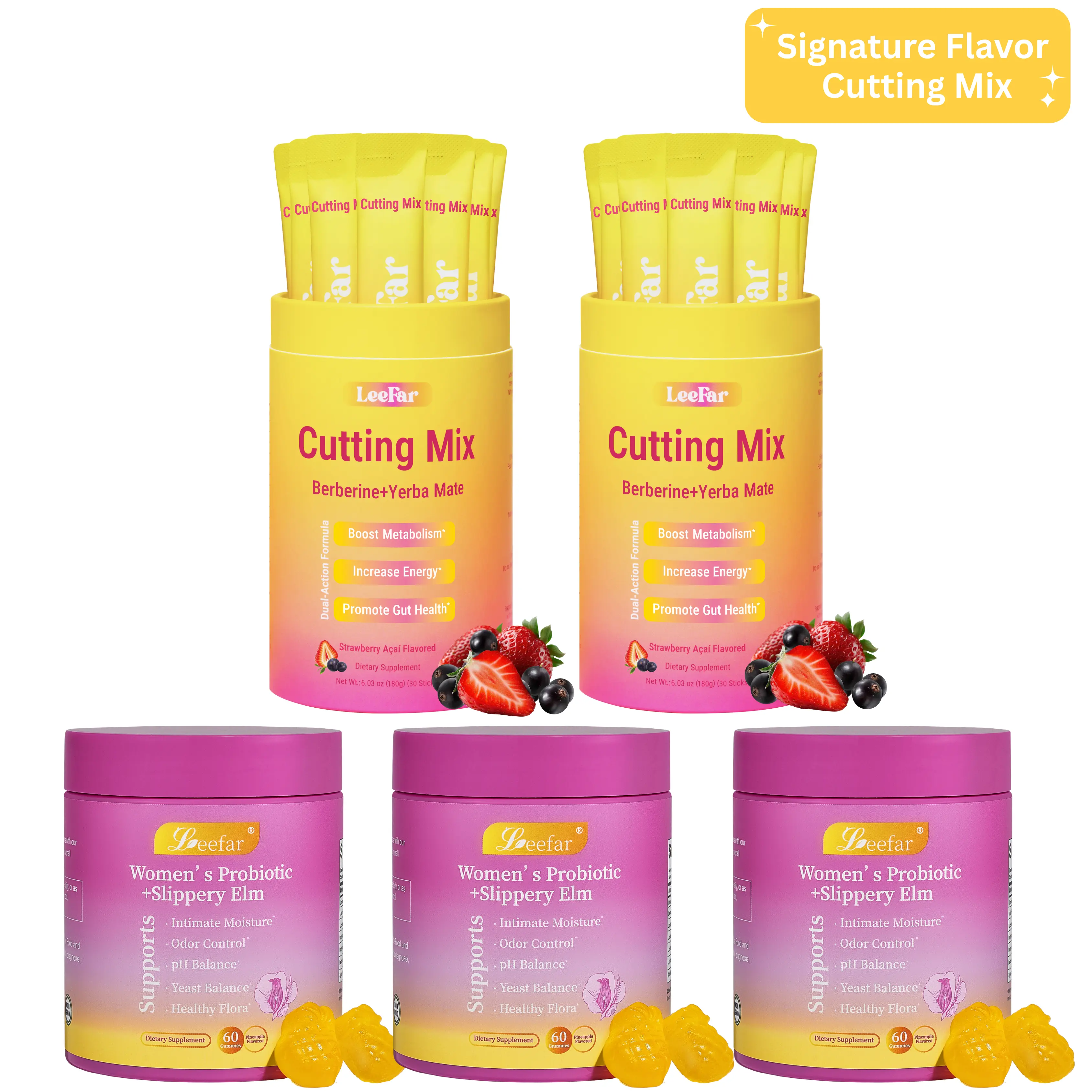 LEEFAR Signature Bundle: Women's Probiotics+Slippery Elm Pineapple Gummies*3 Bottles & Cutting Drink Mix*2 Jars