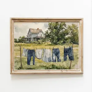 Laundry on a Line Laundry Room Watercolor Horizontal Posters Laundry Room Art Vintage Garden Painting Print farmhouse M