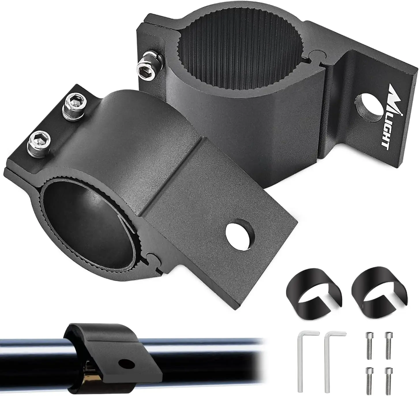 Nilight Aluminum Alloy Tube Clamp Brackets - Powder-Coated Rubber Vibration-Proof, M8 Screw Support Automotive Mounts for 2.87-3.2 in Round Bars, Roll Cage, ATV/UTV Truck LED Work/Driving Whip Lights, Quads, Fits Whip Lights