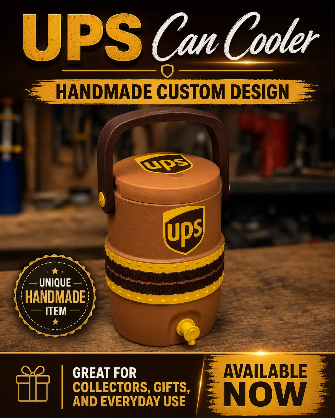 UPS-Inspired Handmade Can Cooler | Brown & Gold Custom Collector Cooler