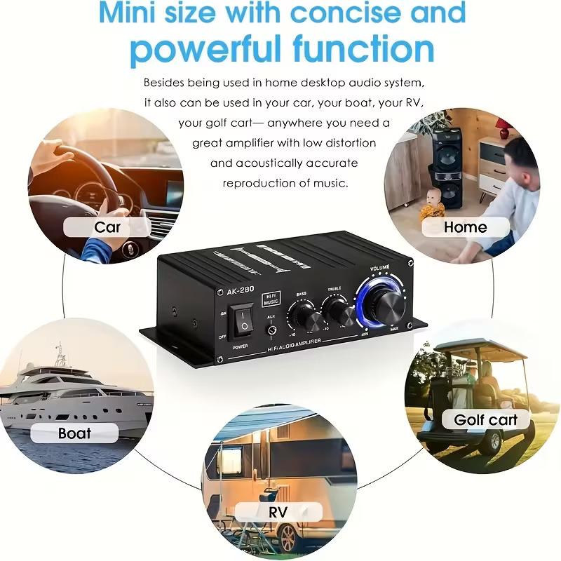 AK280 Mini 2.0-Channel Audio Amplifier with Bass & Treble Controls for Cars Homes & Garages Compact Music Player Enhance Your Audio Experience