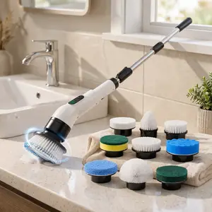 Electric Spin Scrubber Cordless Shower Scrubber Full-Body IPX7 Waterproof with 4 Replaceable Brush Heads 3 Extendable Handle 2-Speed for Bathroom Kitchen Toilet Window Pool Household Cleaning Household Extendable Rechargeable