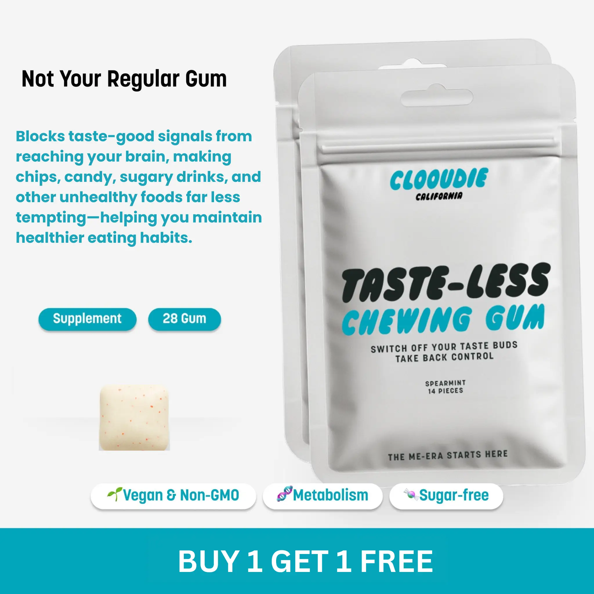 BUY 1 GET 1 FREE | 2 Pack of Taste-less Chewing Gum｜Clooudie California | 28 Gum | Reduce Sweet Signal, Helps With Eating Healthy, Help With Bloating,