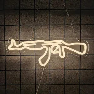 White AK47 Neon Sign, Warm Yellow LED Gun Neon Light, USB Powered AK-47 Rifle Neon Sign for Wall Decor, Man Cave, Game Room, Bar, Military Enthusiast Gift