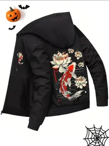 Autumn and Winter New Men's Jacket Lotus and Fish Pattern Printed Regular Large Size Travel Vacation Outdoor Camping Casual Sports Fitness Running Men's Clothes