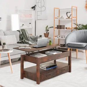 Lift Top Coffee Table with Hidden Compartment & 2 Storage Shelves - Living Room Dining Table with Rising Tabletop Lifttop Desk for Apartment, Home, Condo - Rustic Brown