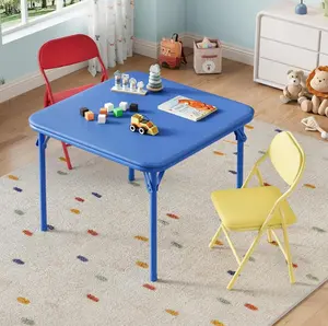 Foldable Table & Chair Set, Upholstered Square Card Table & Soft PU  , Portable Activity Furniture for Home, Playroom, Blue, 3Pcs