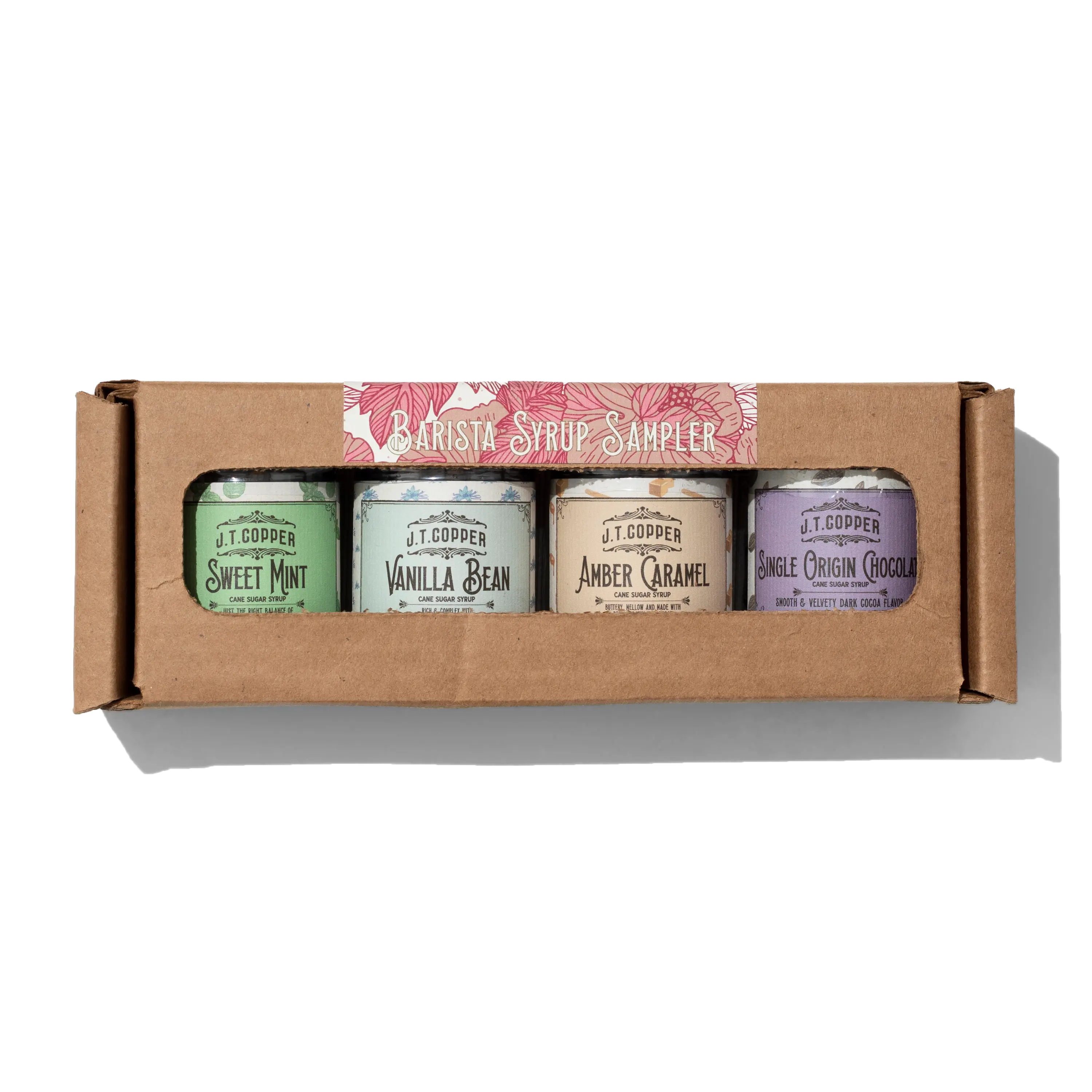 J.T. Copper Barista Syrup Box - 4 Flavors with Recipe Card - Sweet Mint, Vanilla Bean, Amber Caramel & Single Origin Chocolate - Perfect for Coffee or Hot Chocolate