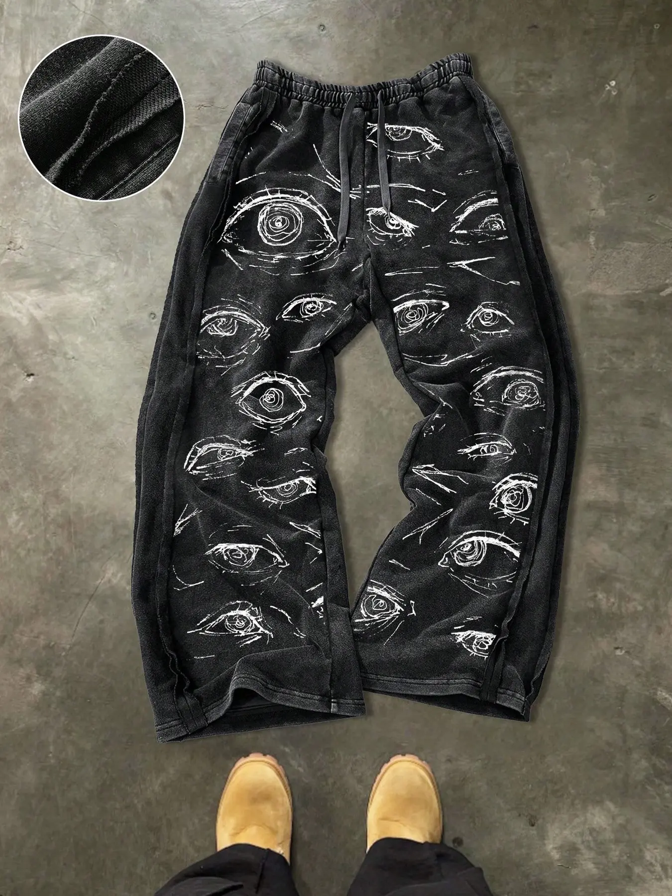 Men's Casual Loose Cotton Sports Pants, Casual Sportswear Pants, Casual Comfy Sporty, Hand-Drawn Eye Print, Drawstring Waist, Ankle Length, Street Style, Ideal for Holidays, Casual Sport Trousers