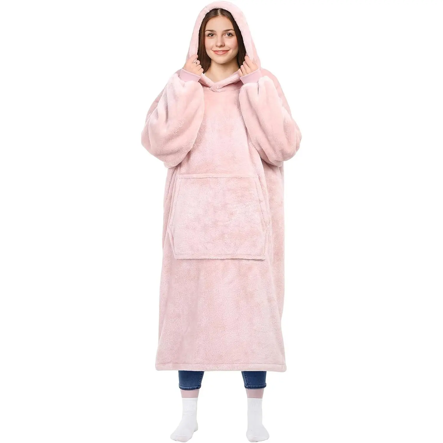 Wearable Blanket Hoodie Gifts for Women and Men,  Hooded Blankets Sweatshirt Adult Birthday Gifts for Mom Girlfriend Gifts, Cozy Fleece Blanket with Sleeves and Giant Pocket, Pink
