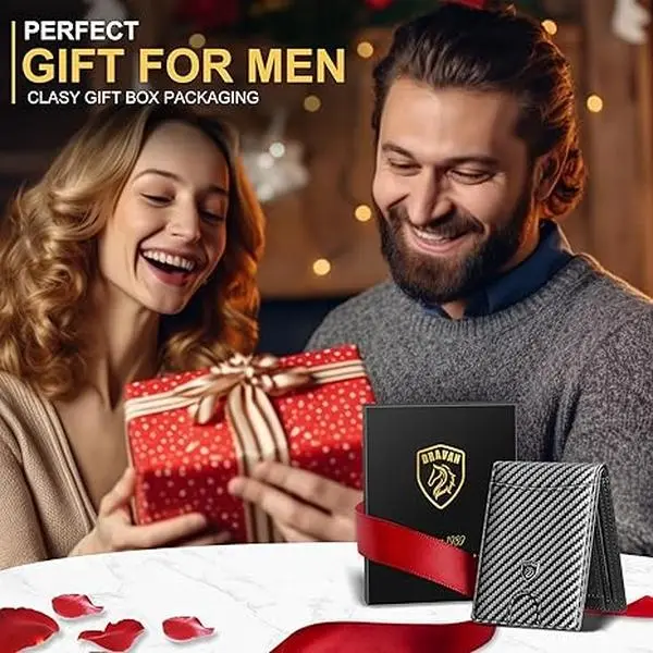 Men's Ultra-thin Wallet Front Pocket Wallet with Money Clip Minimalist RFID Blocking Credit Card Holder Cowhide Thin Wallet with Gift Box, Carbon Balck, Classic leather wallet