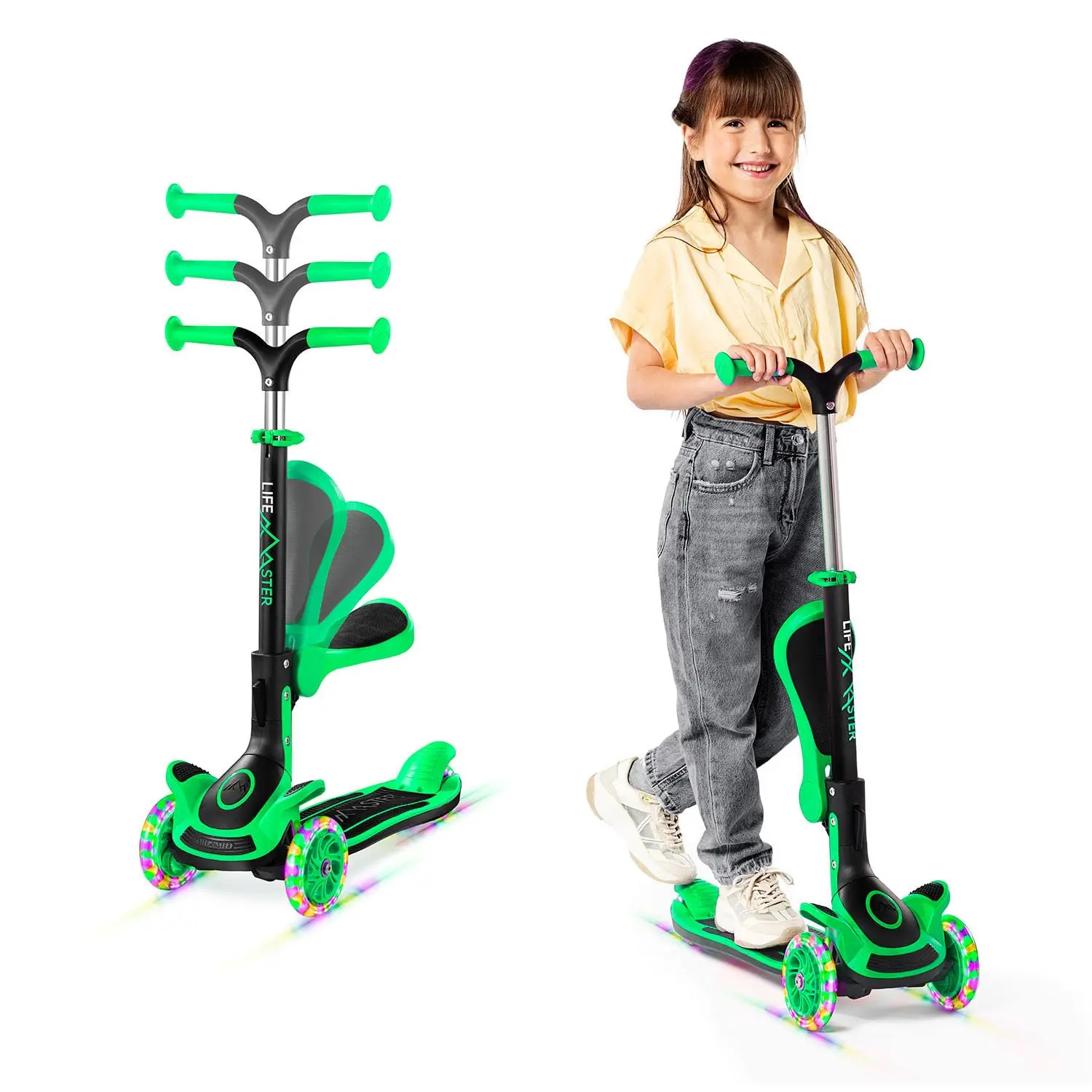 3 Wheel Scooter for Kids with Foldable Seat, Adjustable Handlebar Height, Lean-to-Steer Ride On Toy for Kids Ages 2+, Light-Up LED Wheels, Wide Anti Slip Deck, Indoor & Outdoor Use, Green