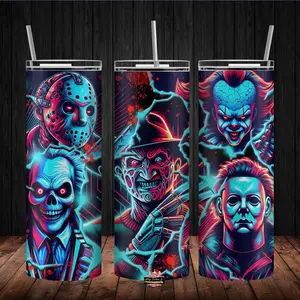 Horror Movie Neon Colored 20oz Tumbler With Metal Straw + Rubber Bottom and Cleaning Kit - Bottle, Drinkware sublimation tumbler tumblers Reusable Mug