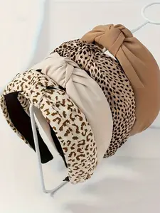 Leopard Print Knotted Headband Set for Women, 4 Pack Bohemian Cheetah & Solid Color Wide Hairbands, Non-Slip High Volume Fashion Hair Accessories