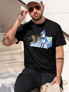 Mordecai und Rigby Pizza und Videosle 2026 new model Black/White Tee Stylish & Comfortable Loose Crew Neck Short Sleeve T-shirts Versatile On Trend Eye Catching Printed Graphic Casual Tee for Daily