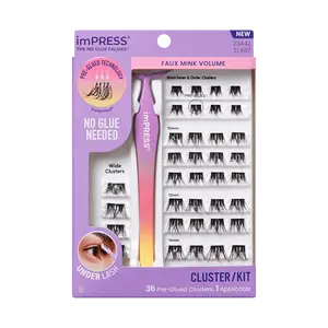 Impress Falsies Pre-Glued False Eyelashes Starter Kit - Faux Mink Volume | 36 Lash Clusters, With Applicator, 8mm-14mm