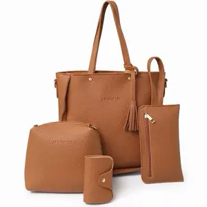 Jingpin 4-Piece Women's Tote Bag Set - Elegant Textured Faux Leather Handbag Crossbody Clutch & Wallet Combo with Tassel Detail