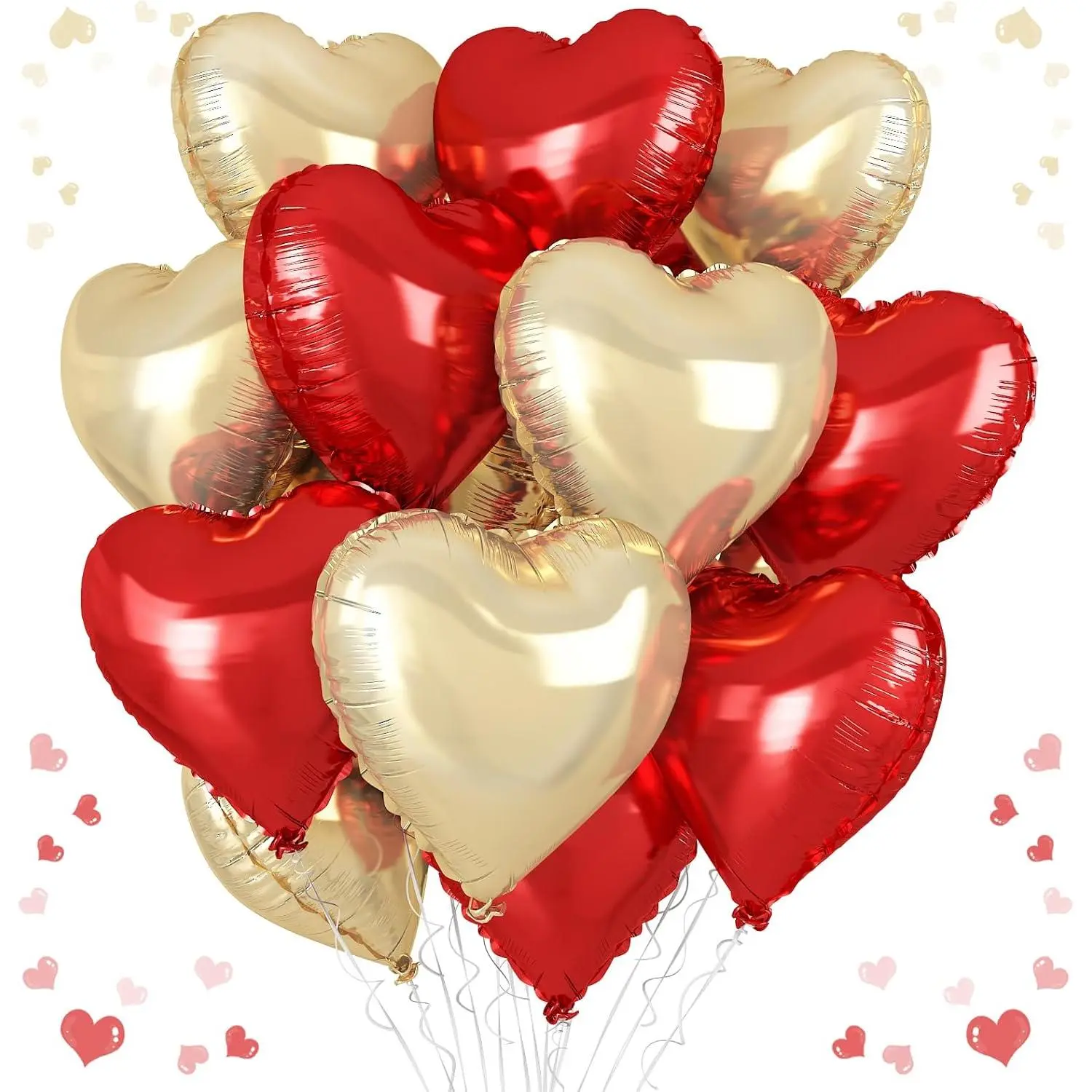 Red & Gold Heart Balloons – 12-Piece 18" Champagne Gold & Ruby Red Foil Balloons, Large Heart Helium Love Balloons for Wedding, Engagement, Birthday, Baby Shower & Romantic Party Decor Aluminium Light