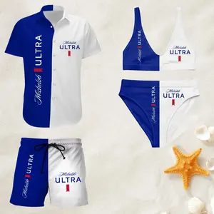 Michelob Ultra Matching Couple Swimwear, Blue White Colorblock Matching Set Shirt Shorts Bikini Beachwear, Best Gift for Husband Wife Honeymoon Summer Vacation