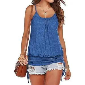 Womens Summer Tank Top Spaghetti Strap Loose Fit Banded Bottom Camisole
