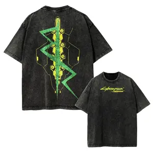 everyday shirt valentine shirts Cyberpunk 2077 Vintage Washed Tee Oversized Anime Shirt Unisex Gift for Fan Menswear Top Man Streetwear Tshirt Tropical Casual Shortsleeve Crewneck Shortsleeve Crewneck