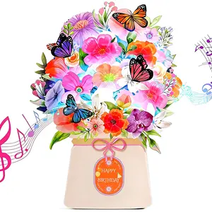Birthday Cards, Light and Music Happy Birthday Card, Lily and Butterflies, 10.6 Inch Life Sized Forever Flower Bouquet 3D Pop Up Birthday Gift Card for Women Wife Mom Daughter Sister