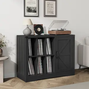 Garvee Black Wooden Record Player Stand with Vinyl Storage and Door, Farmhouse Style Turntable Cabinet with Shelves for Display and Storage of Up to 750 Albums, Ideal for Living Room Organization