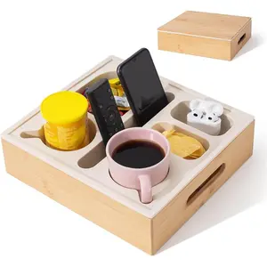 Couch Cup Holder with Lid, Silicone Bed Caddy with Cup Holder, Bed Organizer for Drinks, Snacks, Remotes, Bamboo Couch Caddy for Sofa, Bed and Car(Beige)