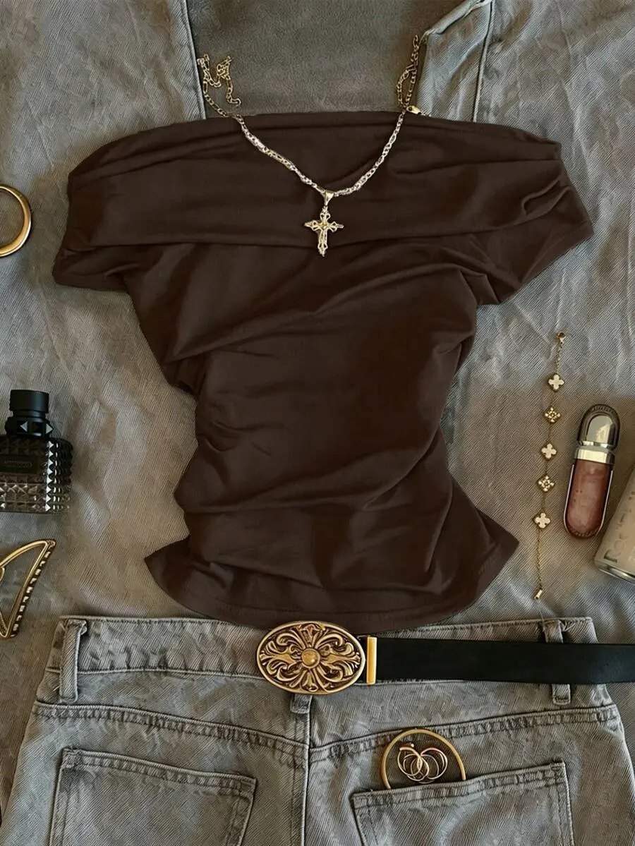 [FREE SHIPPING] Women's Solid Color Ruched Off-Shoulder Fashionable T-Shirt