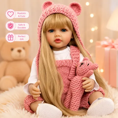 Realistic Rebirth Baby Doll - 22in/55cm ASTM F963 Full Body Soft Vinyl Collectible Set, Glued Wig, Princess Dress, Stuffed Animals, Active Limbs, 1.5 kg Cuddly Doll Gift for Kids (Unisex)