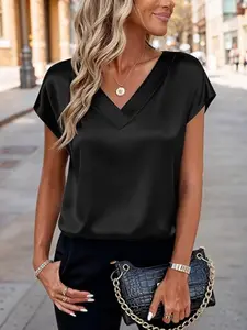 Women Silk Satin Top, Cap Short Sleeve Blouse, V-Neck Design, Business & Casual Wear, Hot Trending Fashion