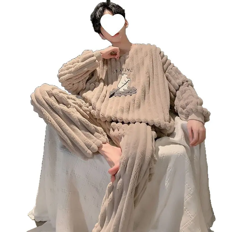 Men's Coral Fleece Pyjama Set - Long Sleeve Thick Pullover, Christmas Winter Menswear Nightwear for Home Loungewear