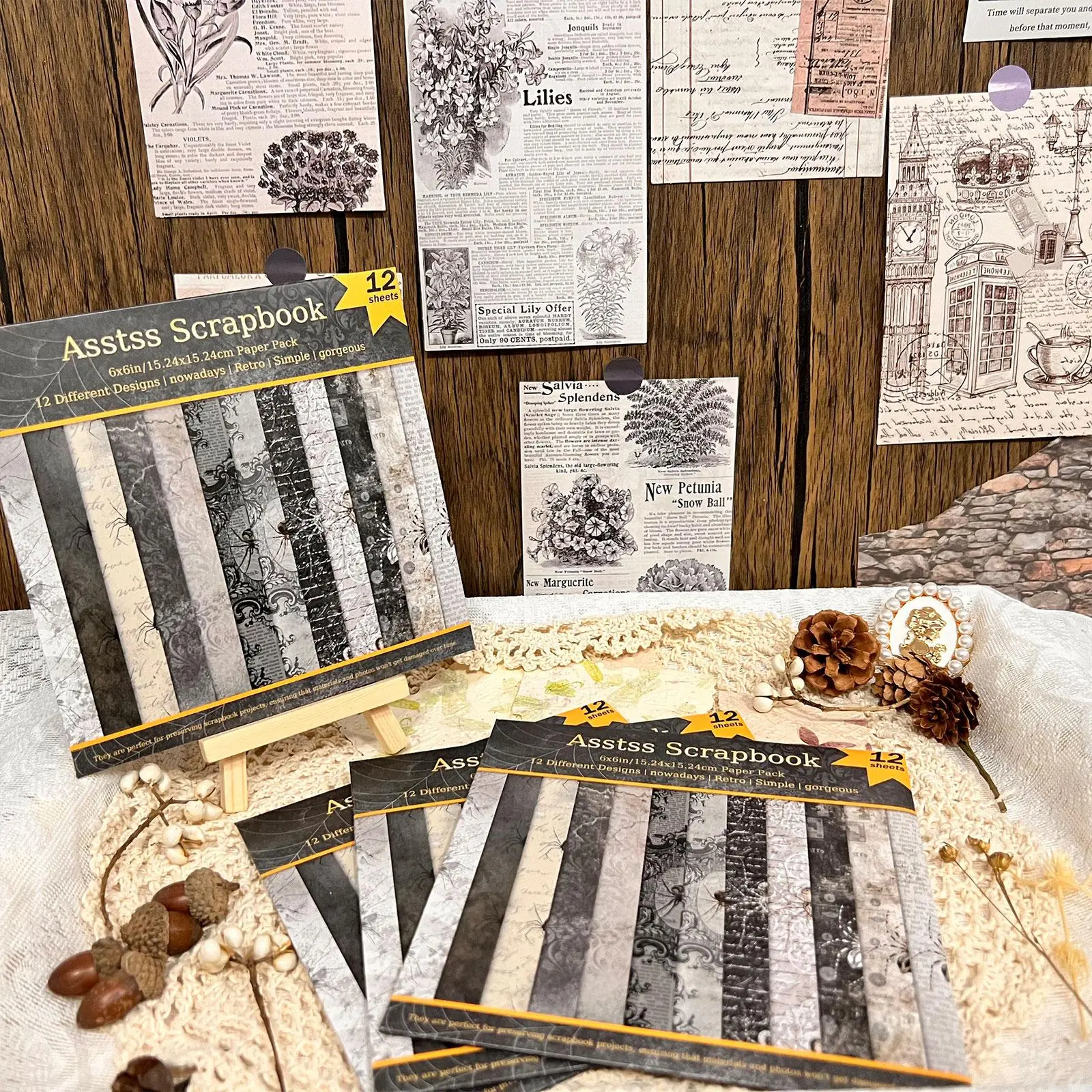 Vintage Scrapbooking Paper Pad, 12-sheet Scrapbooking Paper Pad, Card Stock for Journaling, Collage Art, Greeting Cards, Scrapbook & Crafts