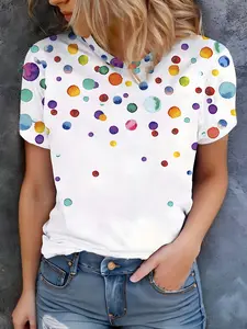 Women's Colorful Polka Dot Full Print Short Sleeve Fitted Round Neck Lady T-Shirt, Eye-Catching Youthful Style, Breathable, Soft and Comfortable, Casual Everyday Daily Wear, Summer, Fabric