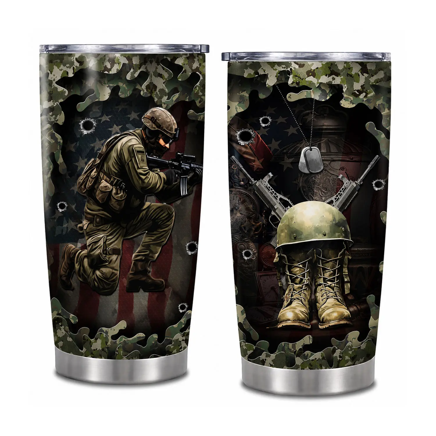 US Army Tumbler, Military Cups 20oz Stainless Steel with Lid Vacuum Camouflage Skull Flag Gifts for Soldier Retired Veterans Memorial Day