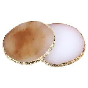 2 Pcs Resin Nail Art Palette with Gold Rim, Professional Manicure Color Mixing Palette Board, Reusable Nail Art Display Stand for Gel Polish Painting, Salon & DIY Nail Art Tools (Coffee & White)