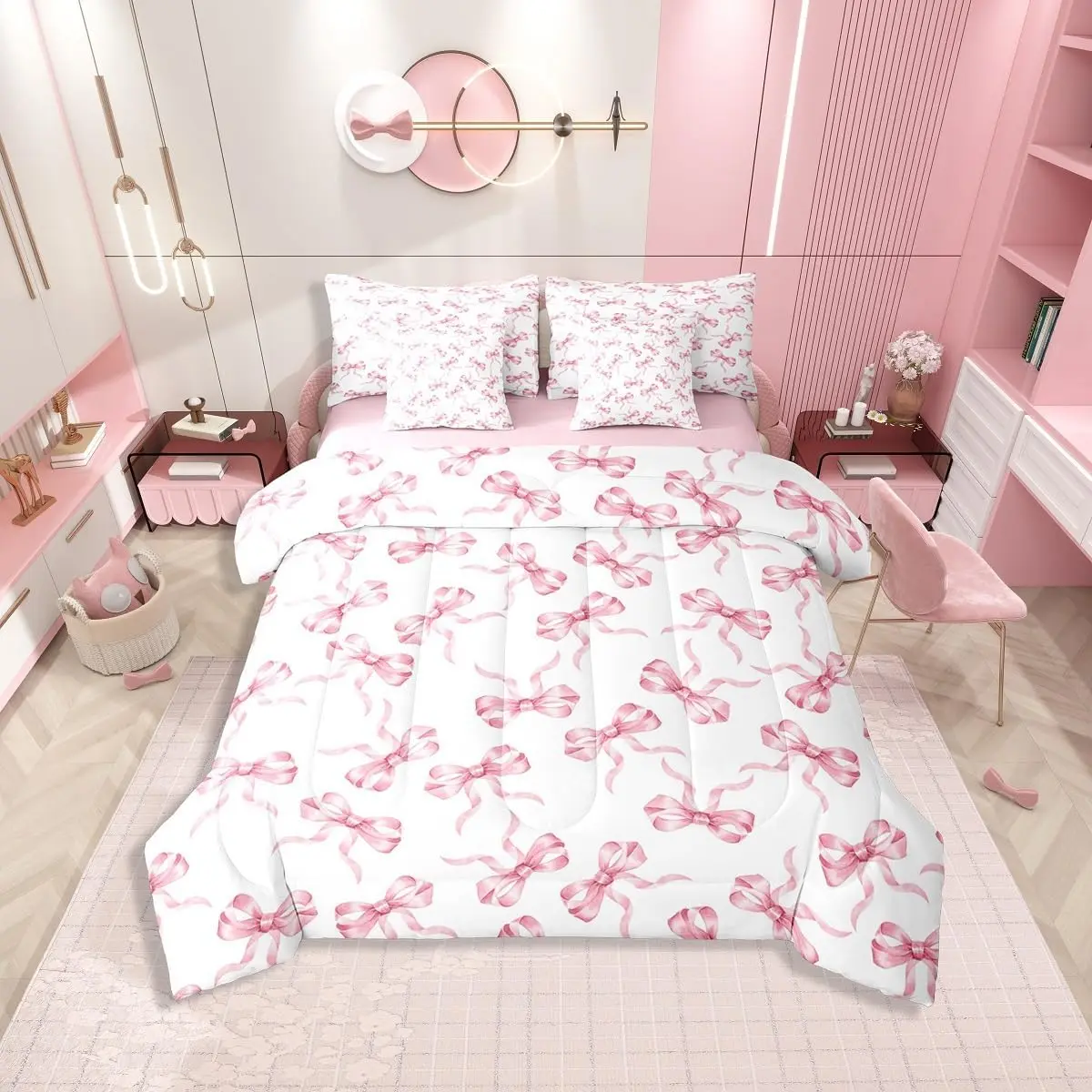 Feelyou 7-Piece Ultra Soft Princess Theme Bedding Set, Pink White Bowknot Comforter with Sheets, Cute Cartoon Design for Girls, Queen Size Bed-in-A-Bag, Bedding Sets