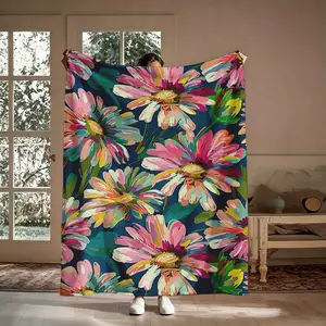 Impressionist Floral Flannel Blanket, 1 Count Oil Painting Colorful Daisy Soft Throw, Navy Blue Midnight Garden Decor, Cozy Nap Blanket for Home Office Travel, Suitable for Sofa Bed Couch, Gift for Her Friends, Artistic Boho Statement Piece