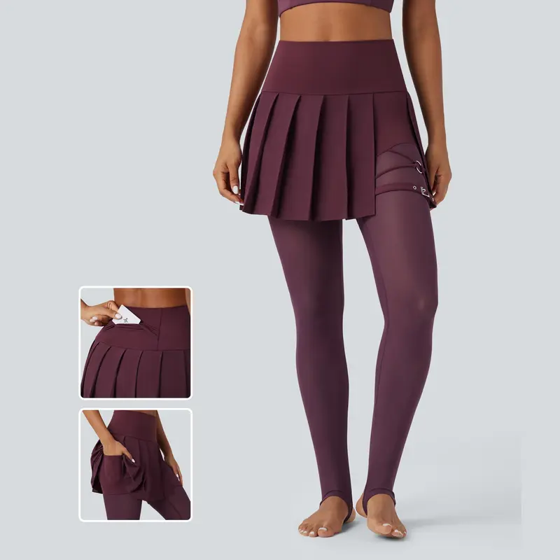Halara Breezeful High Waisted Pleated 2-in-1 Contrast Mesh Quick Dry Dance Stirrup Skirted Leggings with Pockets