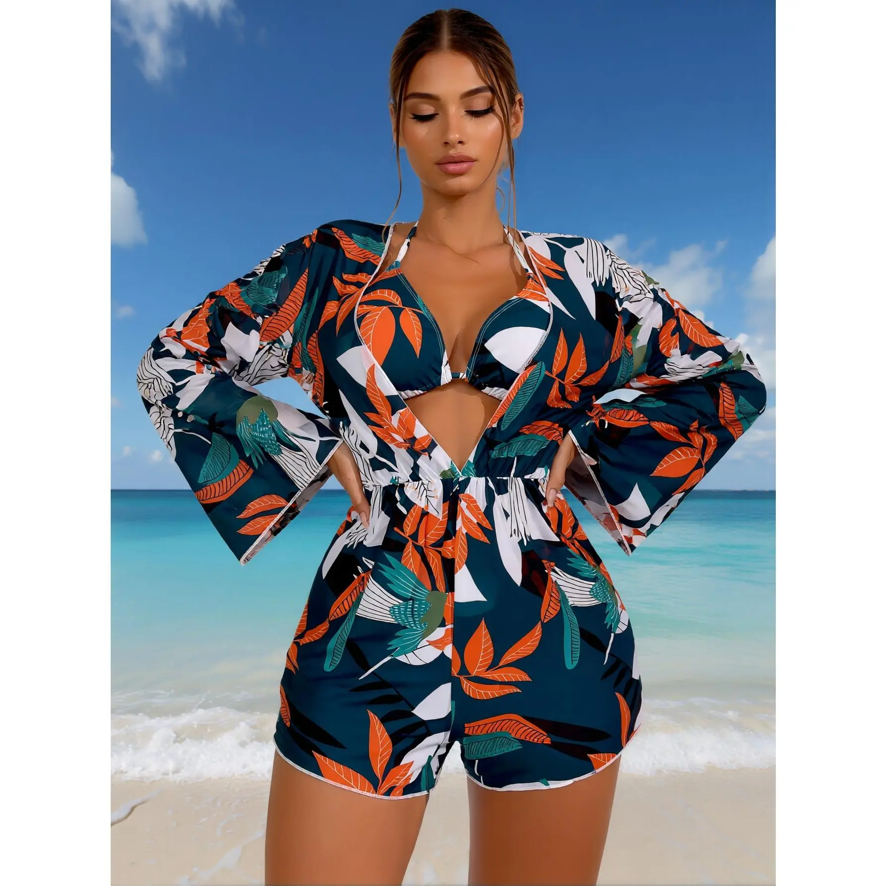 3 Piece Tropical Print Bikini Set with Romper Cover Up for Women 2026 Bell Sleeve Deep V Neck Elastic Waist Swimsuit Outfit Sexy Vacation Resort Pool Party Beach Bathing Suit