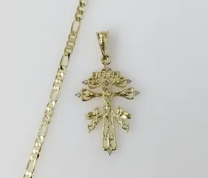 Plated Holy Cross of Caravaca 4mm Figaro Chain Necklace