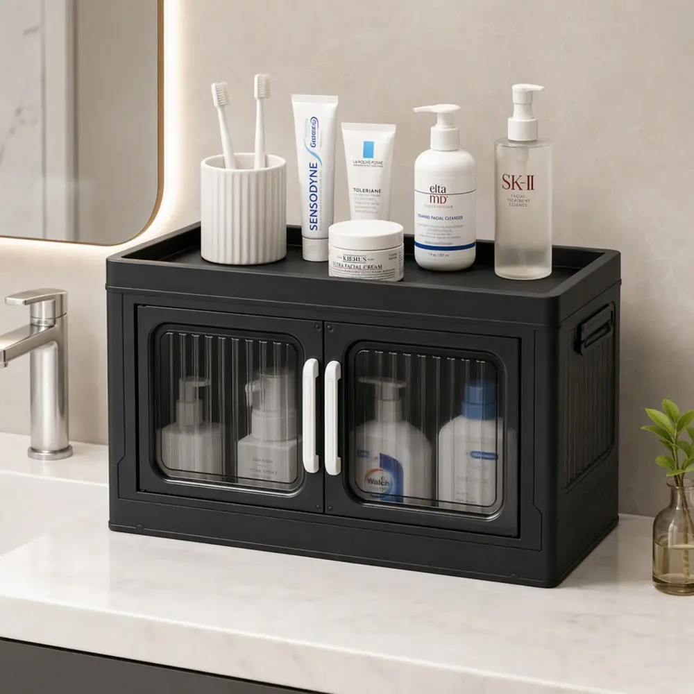 Black Foldable Storage Cabinet Magnetic Sealed Transparent Visible Door Countertop Organizer Multi Scene Large Capacity Storage Cabinet